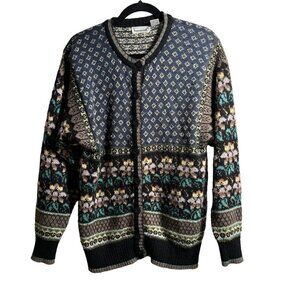VTG Jason Maxwell Cardigan Sweater Blue XL Vintage Floral Wool Blend Granny‎ GUC